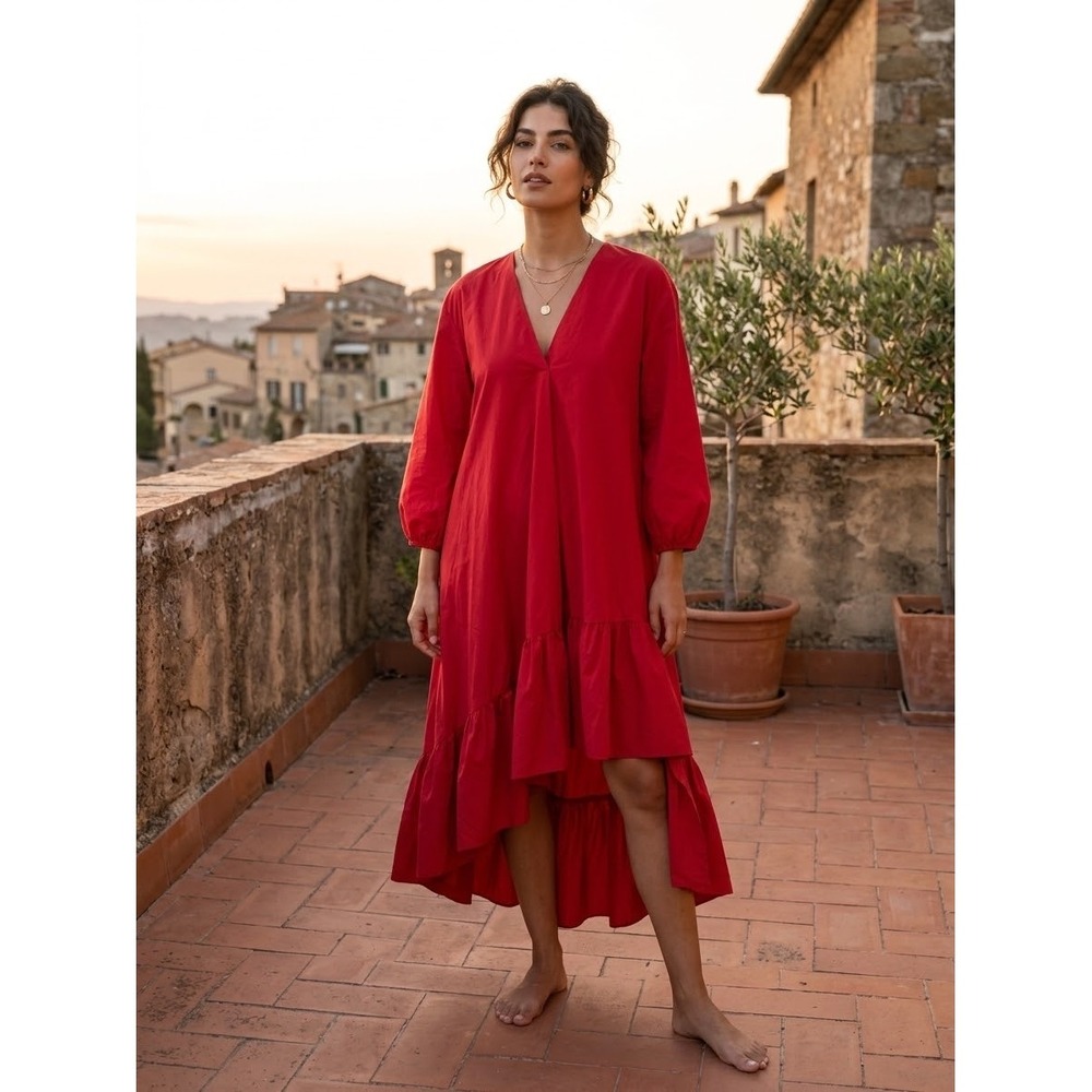 Zara Red High-Low Ruffle Hem Midi Dress V-Neck Long Sleeve Size Medium